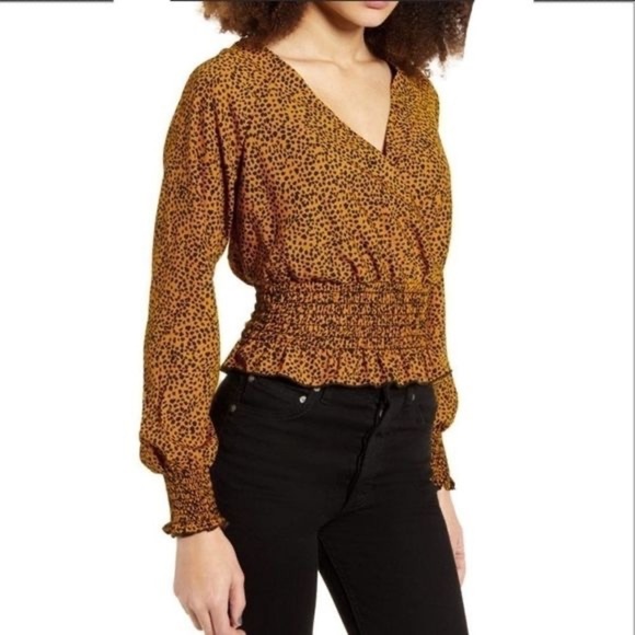 𝅺nwt BP SMOCKED SURPLICE TOP BLOUSE LEOPARD PRINT Medium - Picture 1 of 16